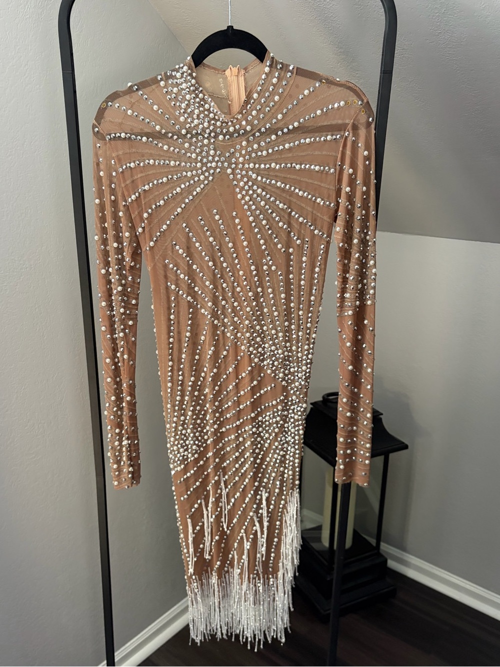 SHEER BEADED NUDE LONG SLEEVE DRESS